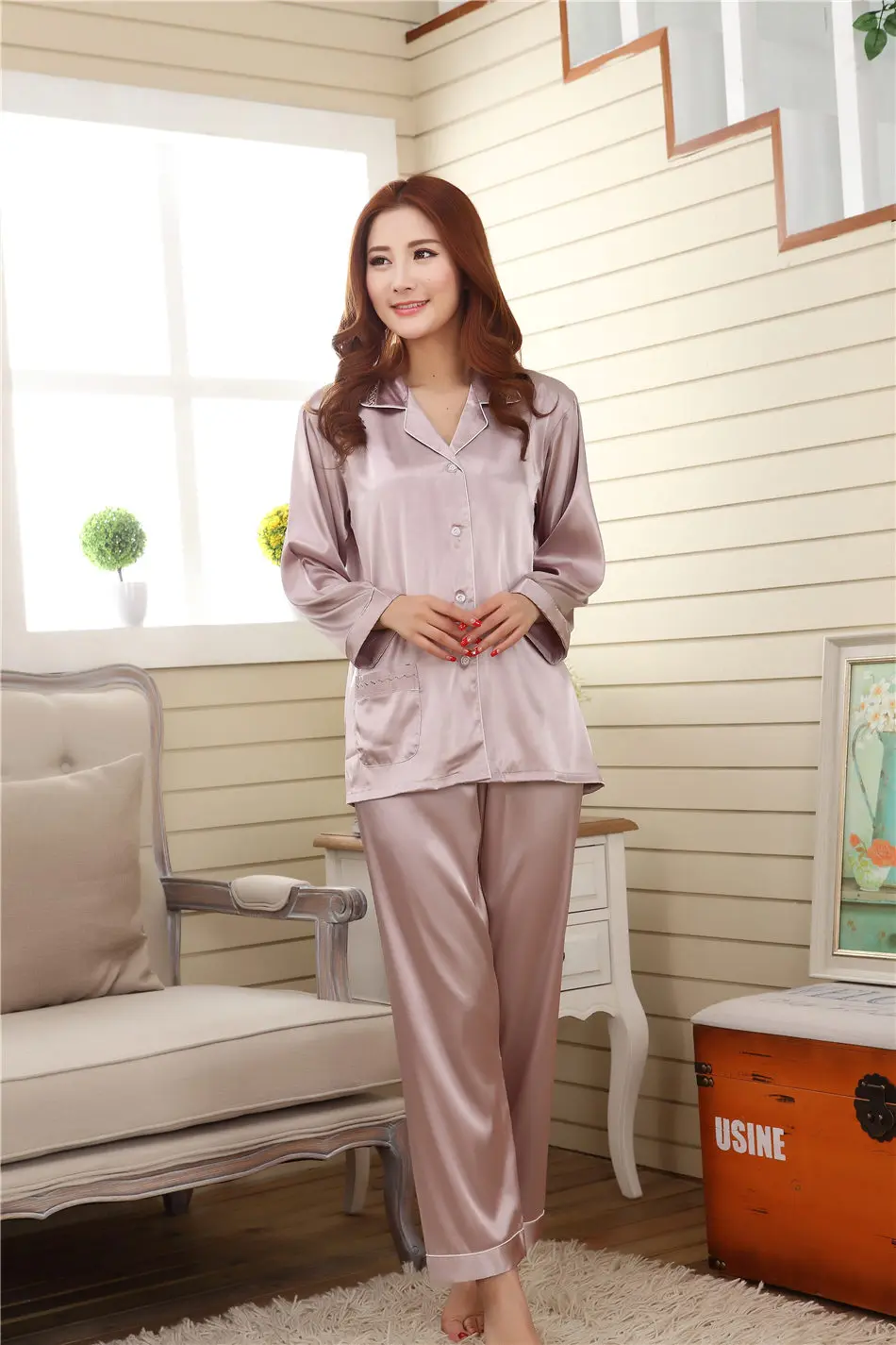 Spring Summer Grey Pink Silk Lovers Set Fashion Lounge Long-sleeve Sleepwear Pajamas For Women Hot Sale Female Satin Nightgown