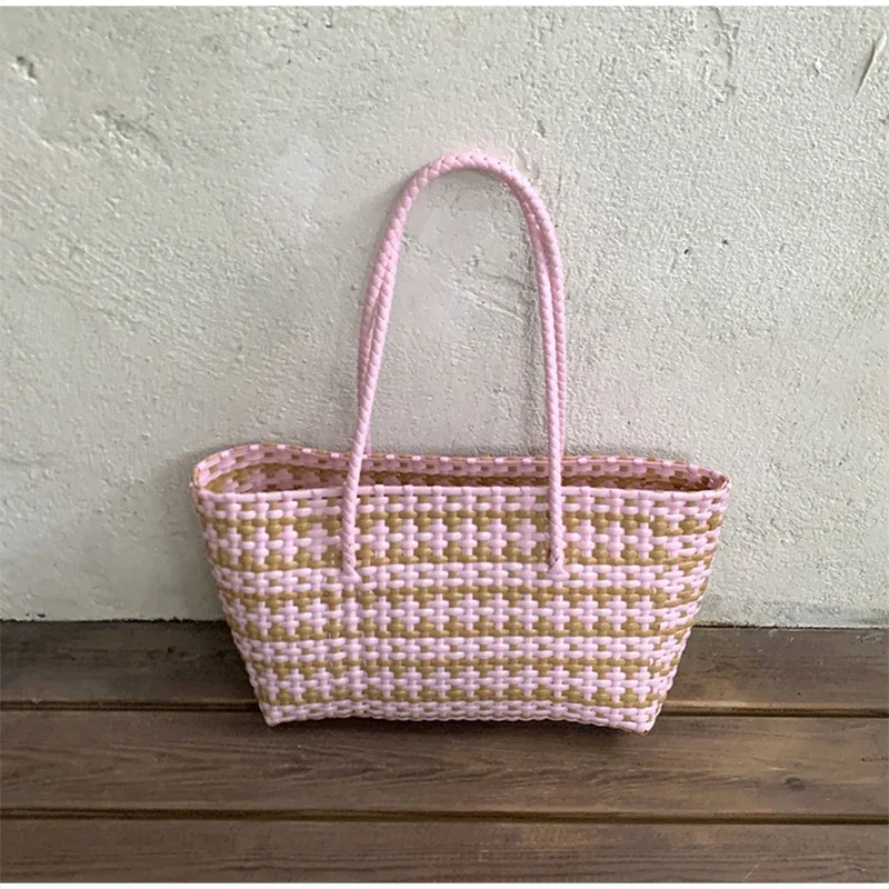 Handgefertigte Colorblock-Webtasche, Damen-Sommer-Tragetasche, Sommer-Einkaufstasche für Strandurlaub, Picknick, Haustiertransport – Detail 33