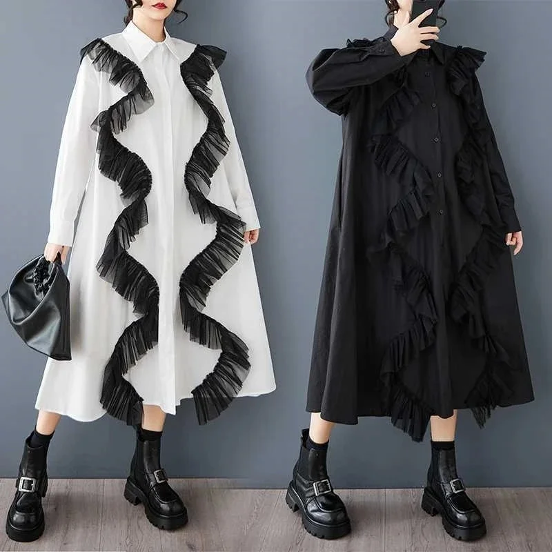 

Shirt Dress For Women Loose Long Sleeve 2026 New | Mesh Splicing Casual Dress Sweet | Spring Autumn Blouse Tunic