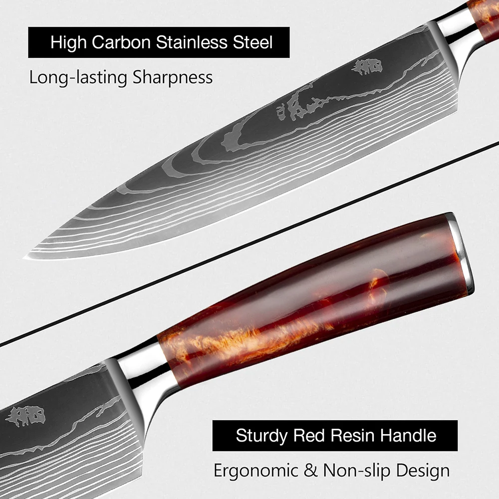 XITUO-Couteau de cuisine tranchant en acier inoxydable, couteau de chef, bord ergonomique, manche en résine rouge avec gaine, 8 po, 7Cr17Mov