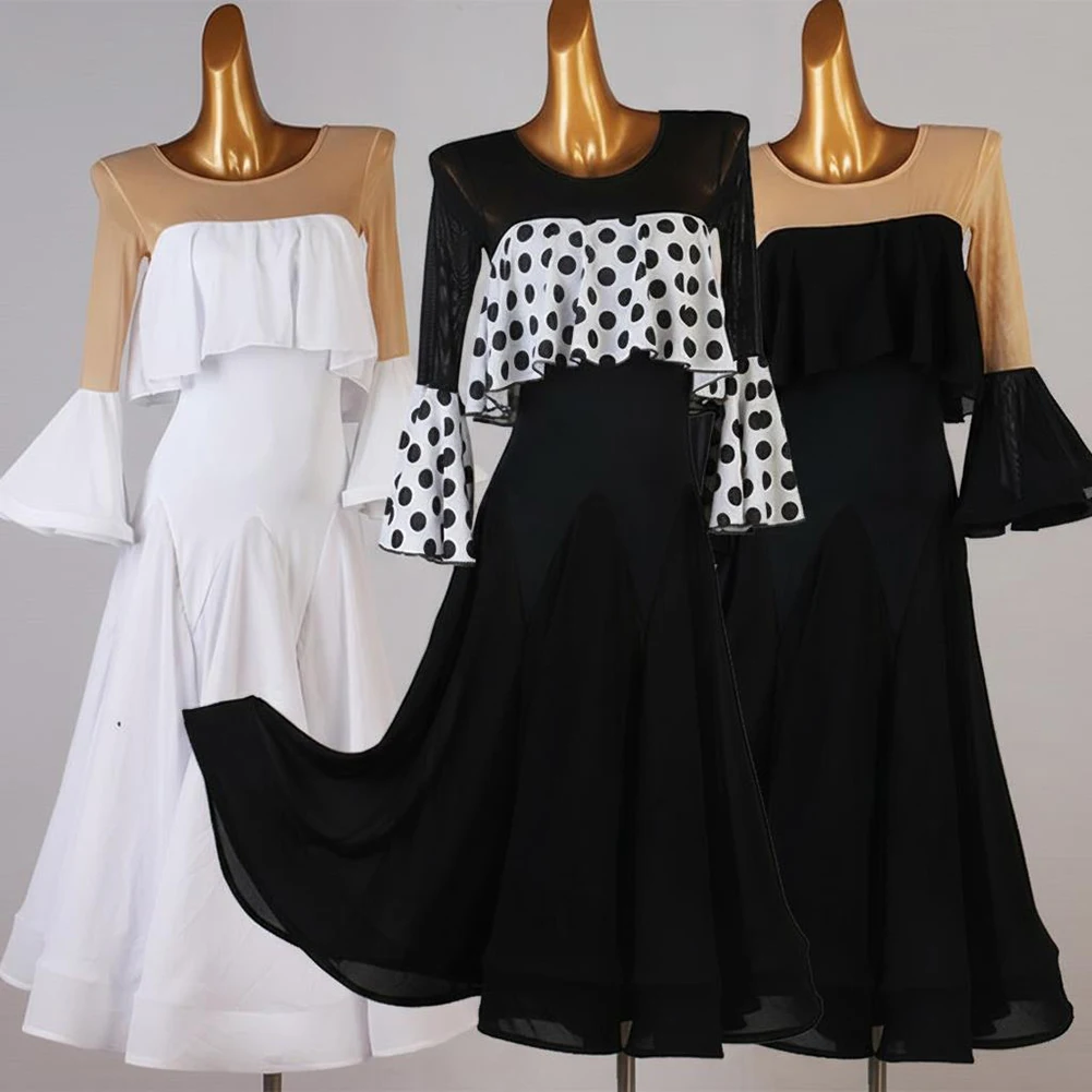Vestido elegante de manga larga con lunares para mujer, cuello redondo, para práctica de danza moderna, nuevo, blanco, para vals, examen de arte, negro
