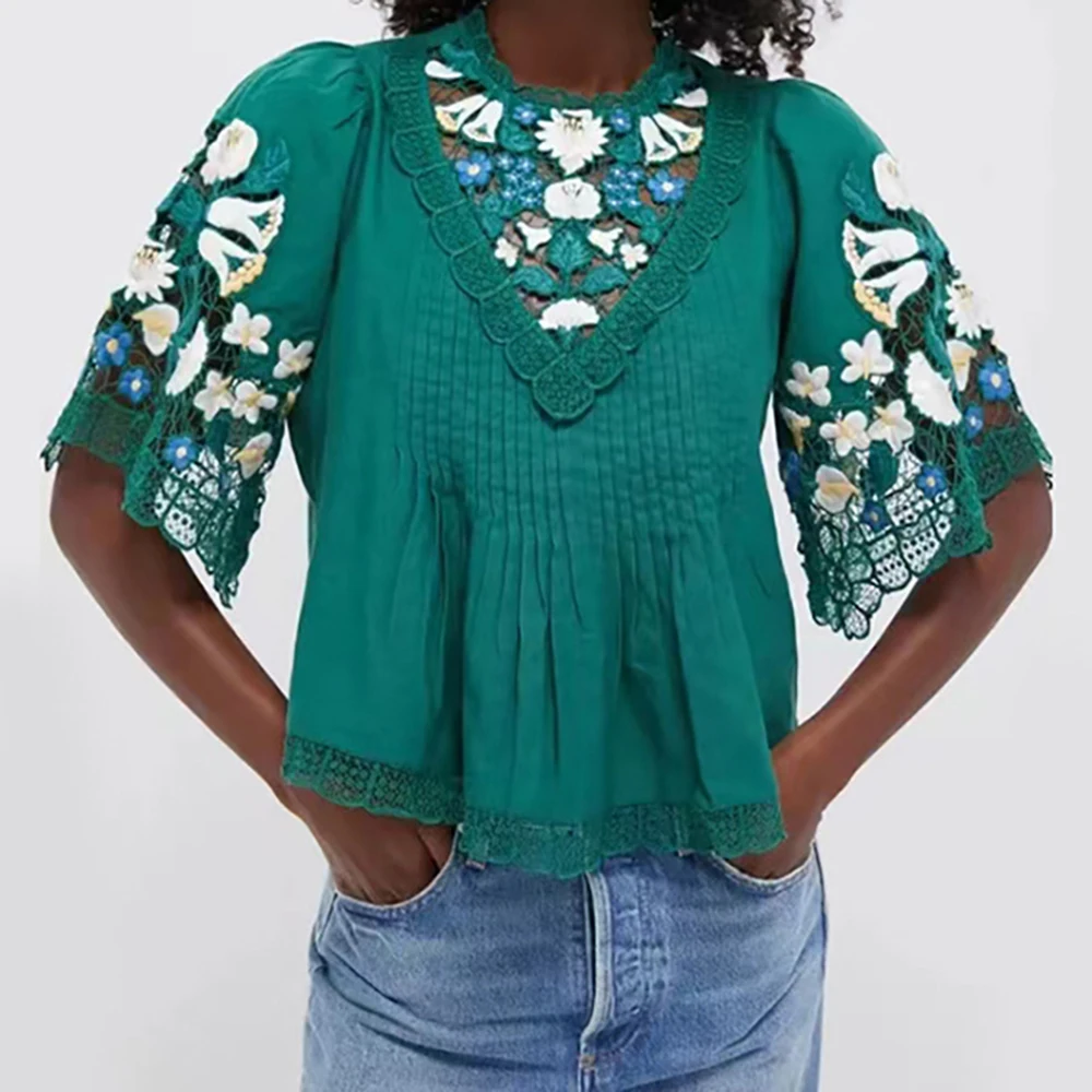 

Винтажная кружевная блузка с цветочной вышивкой, женская летняя лоскутная рубашка с расклешенными рукавами, элегантные топы, блузки 2026