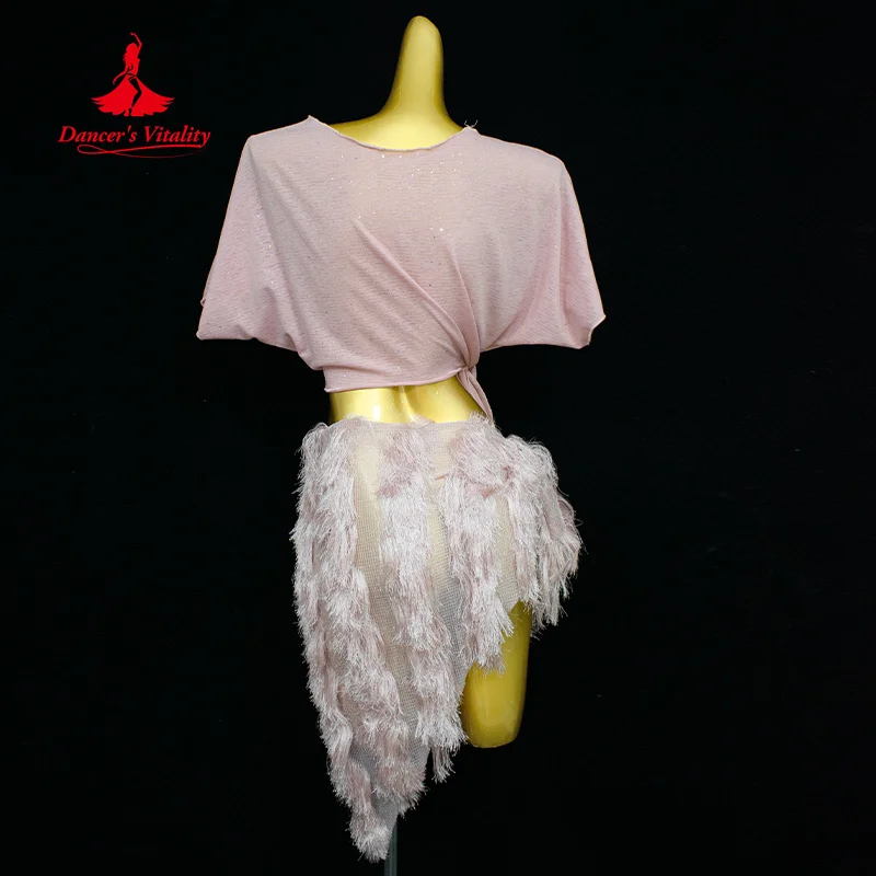 Новый костюм для танца живота, свободный и удобный топ + короткая юбка с кисточками, 2 предмета, женский комплект сексуальной тренировочной одежды для восточных танцев