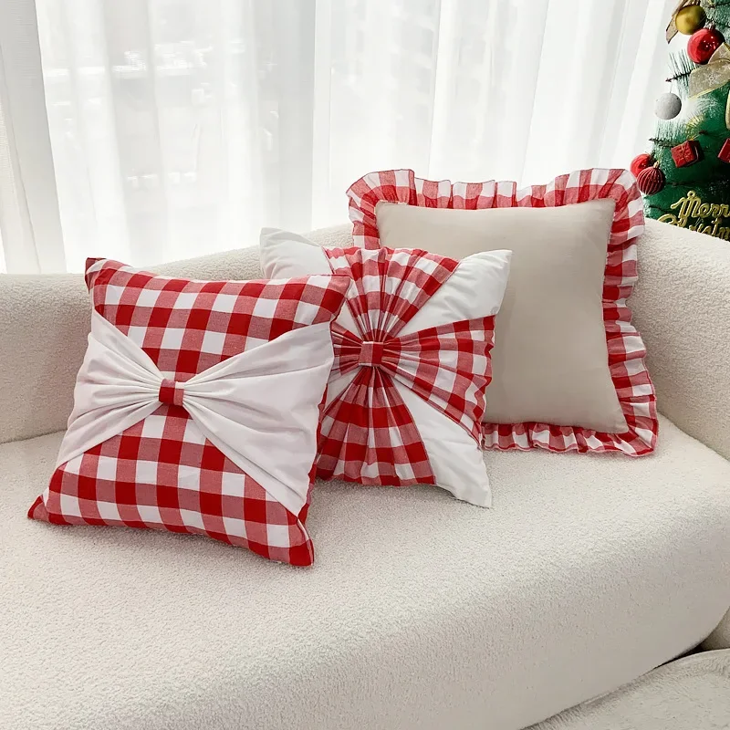 

2025 Christmas Cushion Cover 45*45 Bow Patchwork Pillow Covers Decorative Velvet Cotton Festive Home Decor Pillowcases for Sofa
