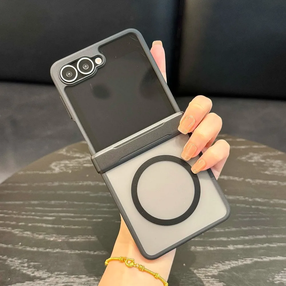 Matte Magnetic Phone Case for Samsung Galaxy Z Flip 7 Black Soft Silicone Border Folding Hinge Wireless Charging Protect Cover