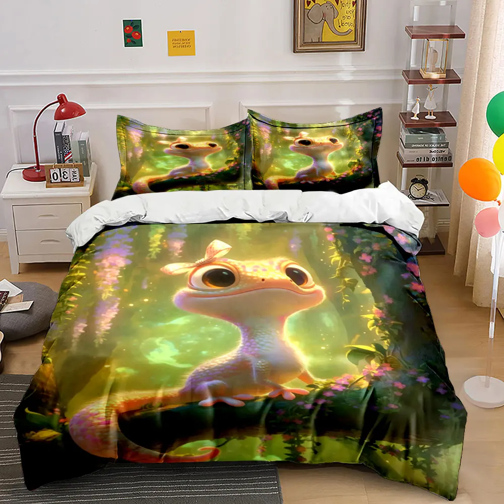 Colorful Gecko in Enchanted Forest Print Bedding Set 1 Duvet Cover 2 Pillowcases for Adult and Children Luxury Gift Full Size