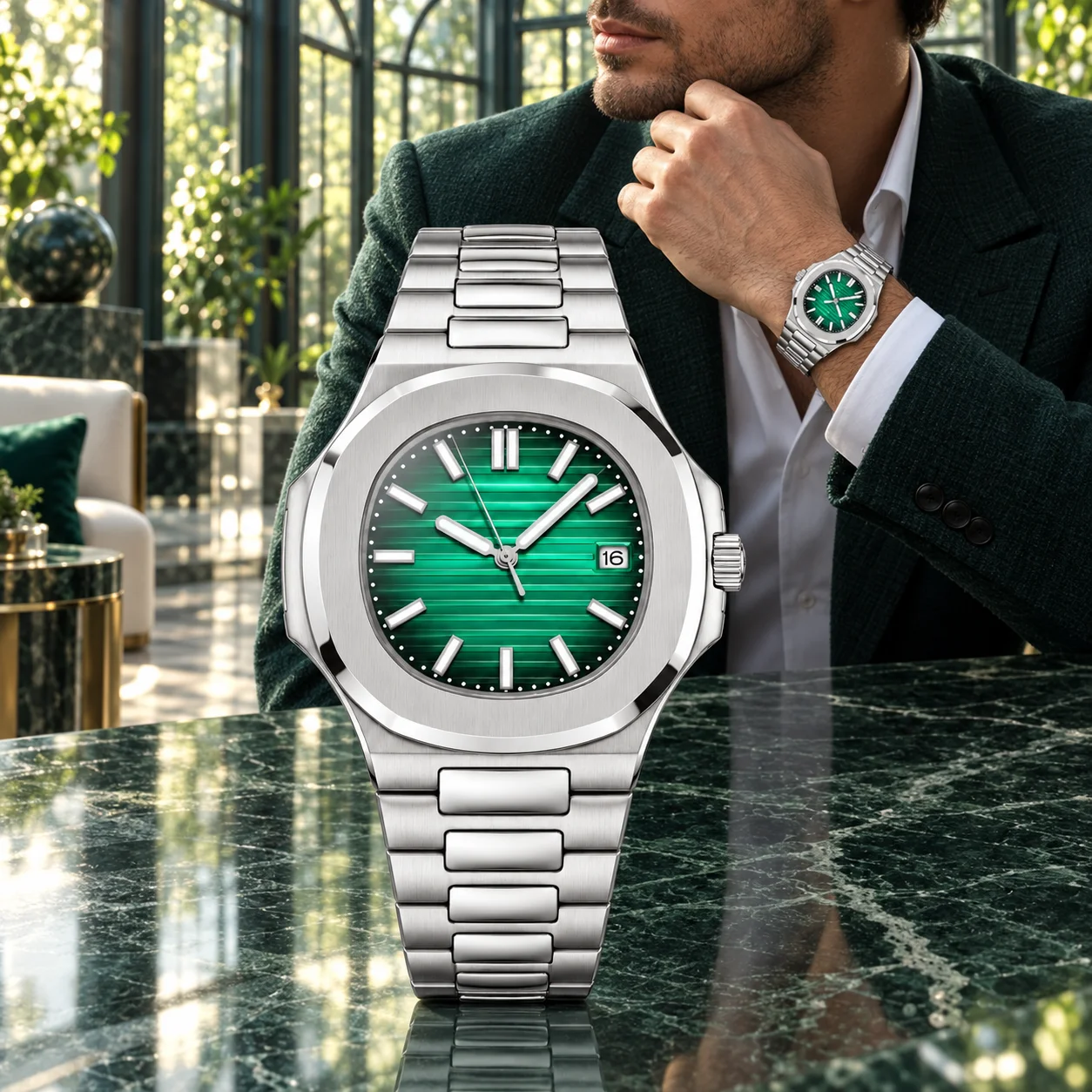 Men's 40mm Automatic Mechanical Watch Green Striped Dial Date Integrated Stainless Steel Bracelet Luxury Sport Wristwatch