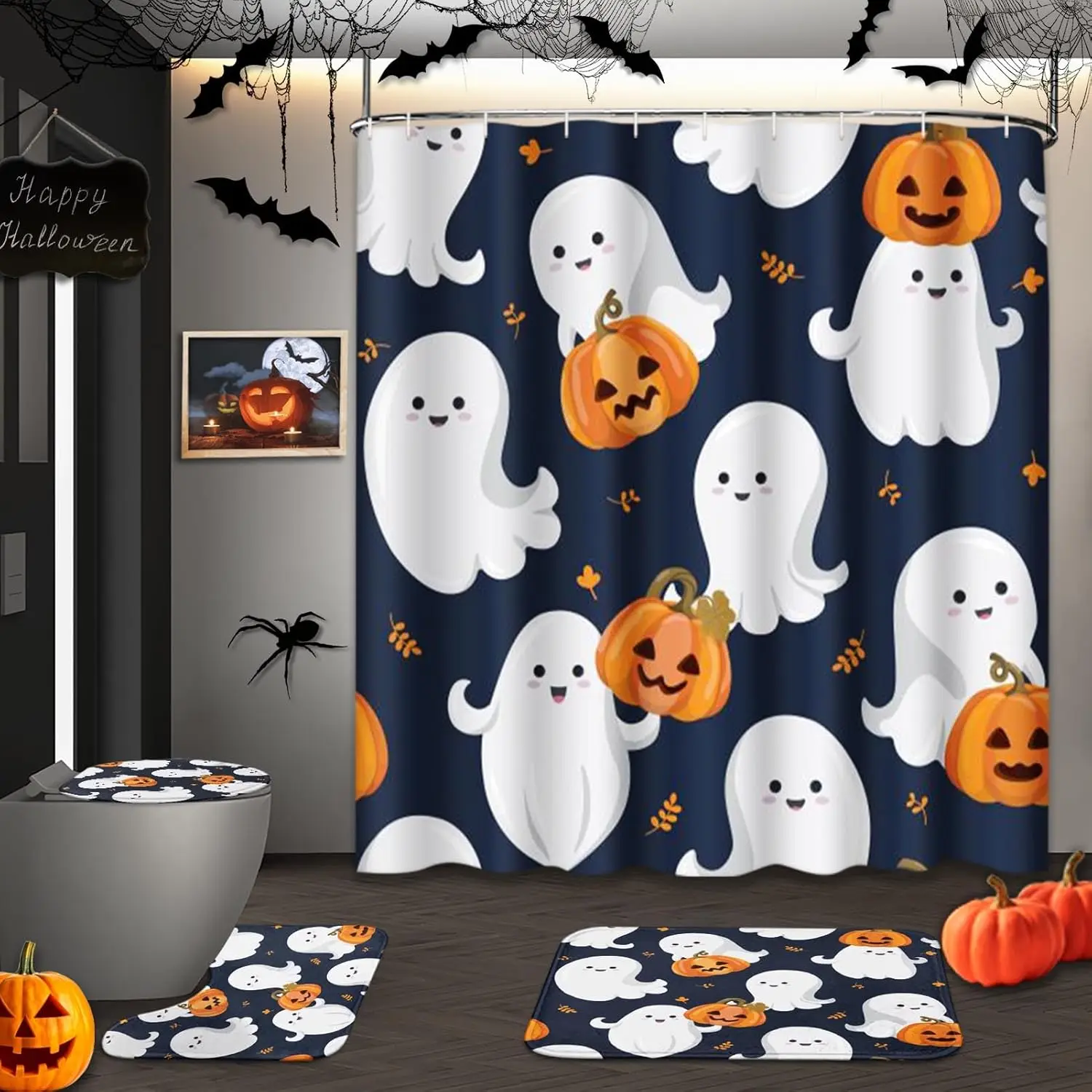

Детский комплект занавесок для душа с милым призраком, крышкой для унитаза и нескользящими ковриками, Хэллоуин, лист, осенняя тыква, 4 шт., душ, ванная комната
