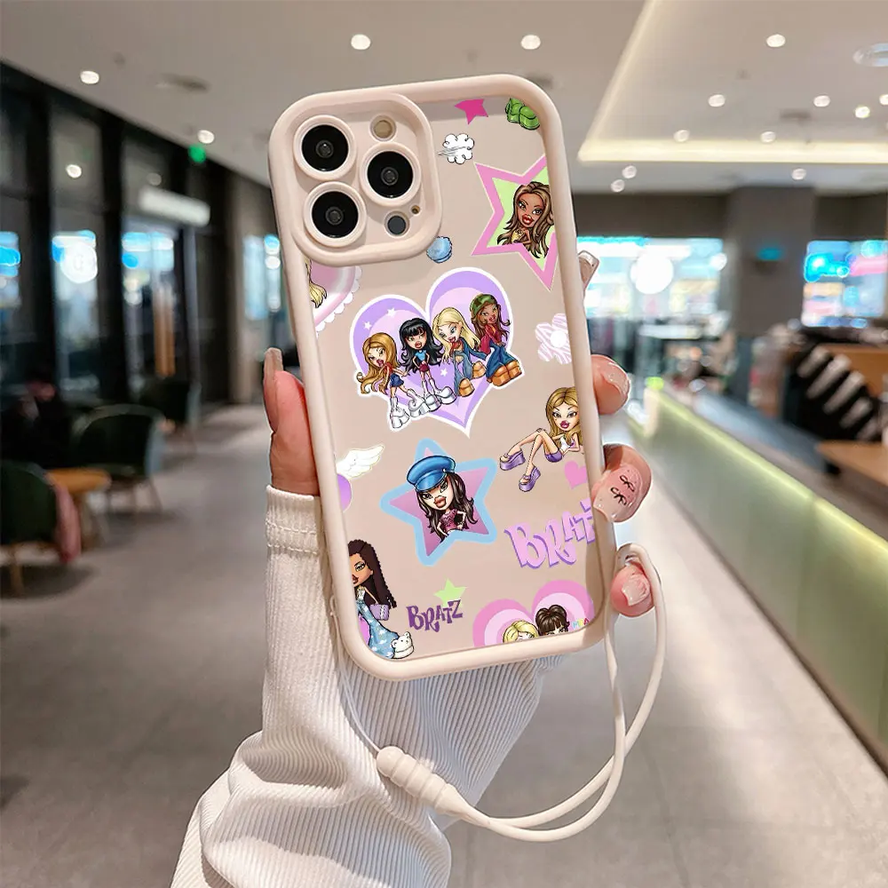 女の子用ハンドストラップ付きのかわいい電話ケース,ソフトtpuバックカバー,bratz人形,iphone 15, 14, 13, 12, 11 pro max,mini,xr,xs,x,7 8プラス