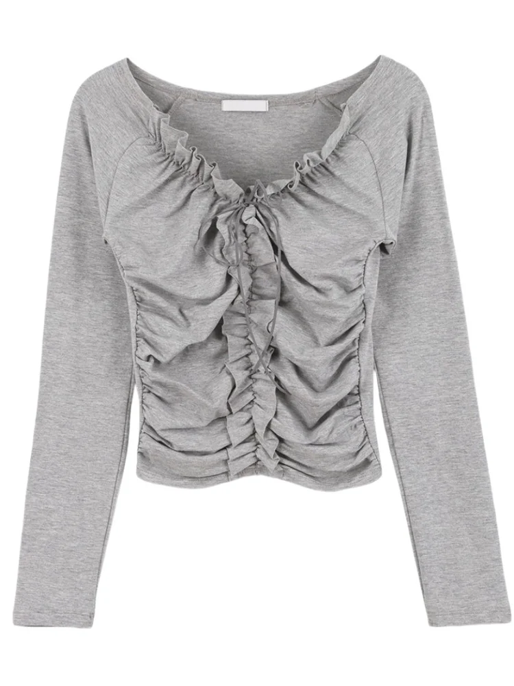 เสื้อยืดสตรีทรงสลิมฟิต แขนยาว ดีไซน์ผูกปมไม้ ผ้าผสมคอตตอนและโพลีเอสเตอร์