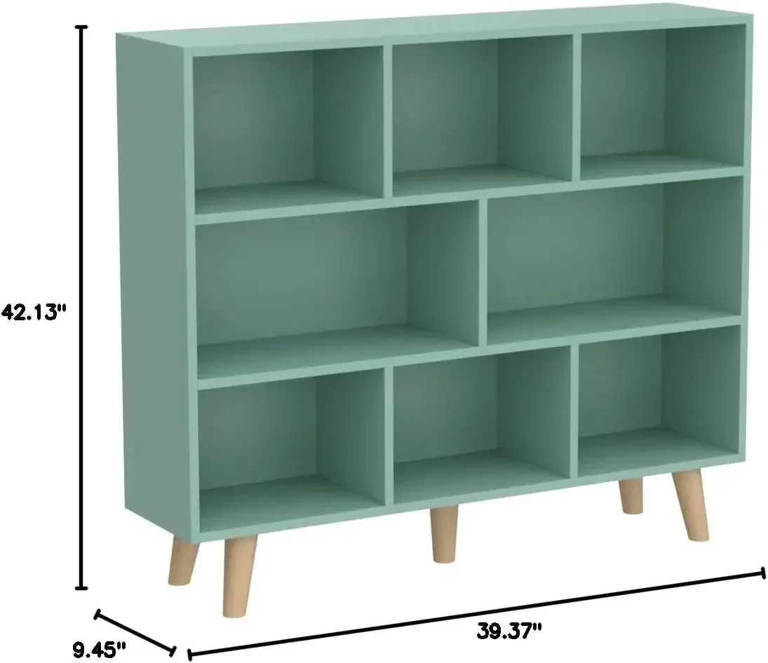 Bibliothèque à étagère ouverte en bois – Présentoir sur pied à 3 niveaux avec pieds, bibliothèque à 8 cubes, vert Tiffany