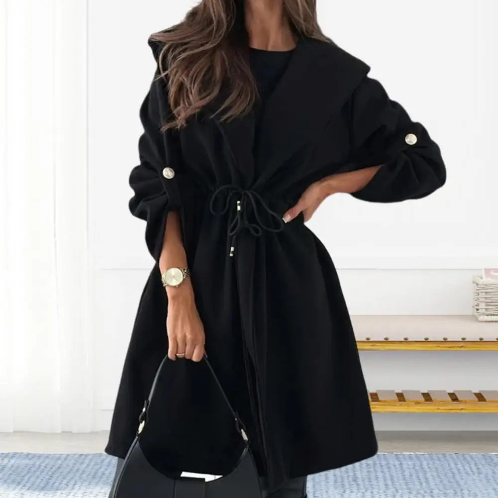 Women Trench Caot Winter Drawstring Slim Waist Hooded Lady Coat Solid Color Mid Length Long Sleeve Overcoat With Cufflinks