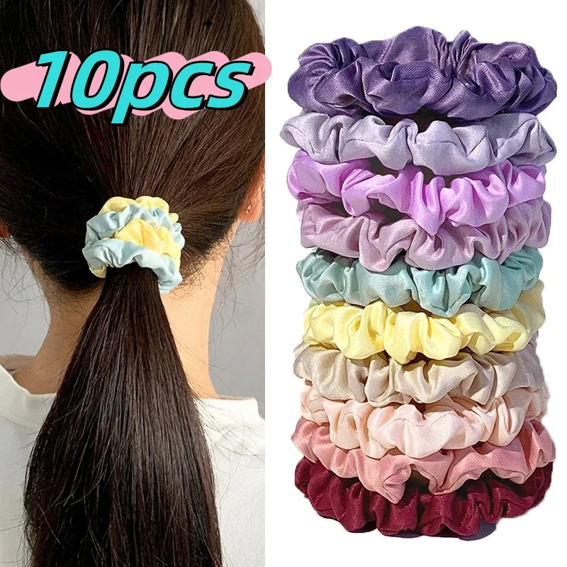 6/10Pcs/Pack Satin Scrunchies Girls Elastic Hair Bands Ponytail Holder Hair Ties Rubber Bands Solid Dot Hair Bands For Children