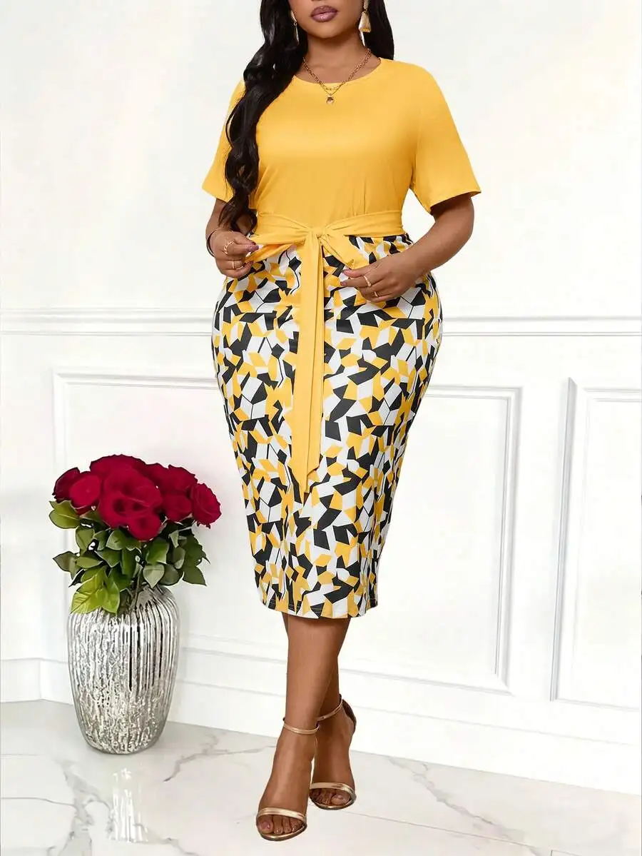 

Plus Size Women Geometric Print Short Sleeve Tie Waist Midi Dress