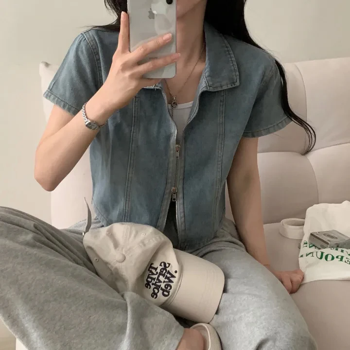 ort Sve Zipper Denim irt Jaet Women's Retro Hong Kong Sle Chic Faion Turn-down Collar Zipper Cardigan Top