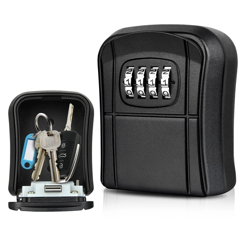 Key Box Wall Mounted Mini Key Safe Outdoor Key Box With Resettable 4-Digit Numeric Code Waterproof Key Box