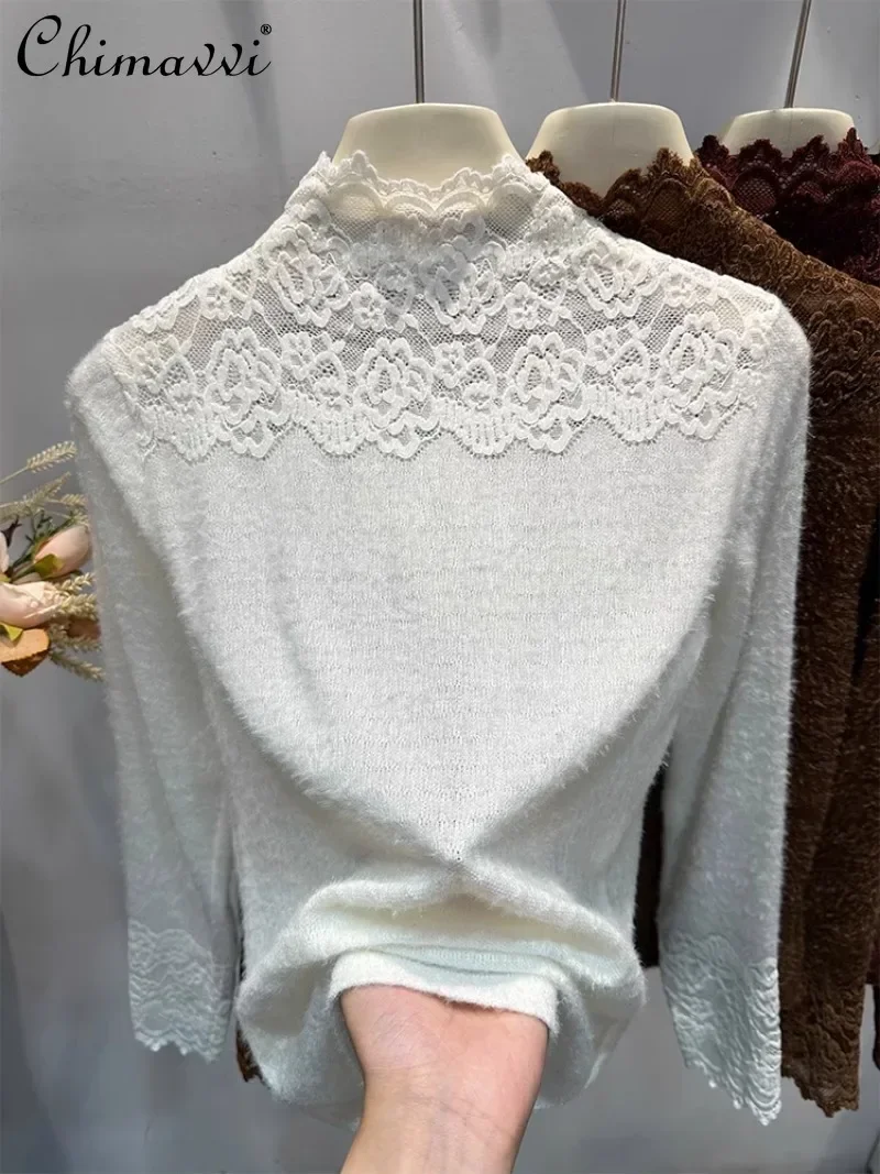 

2024 Korean Design Sense Semi-turtleneck Lace Autumn and Winter High-end Sense with Sweater Polished Mesh Splicing Top For Women