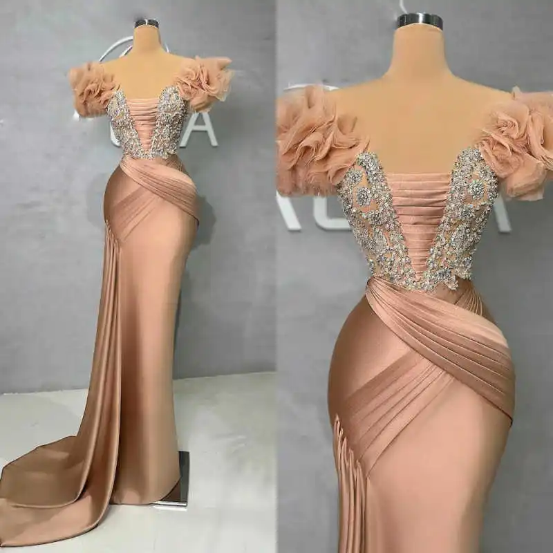 

Elegant Mermaid Evening Dress Sleeveless O-Neck Suit Skirt Satin Crystal Appliques Shoulder Shiny Formal Prom Dress Customized