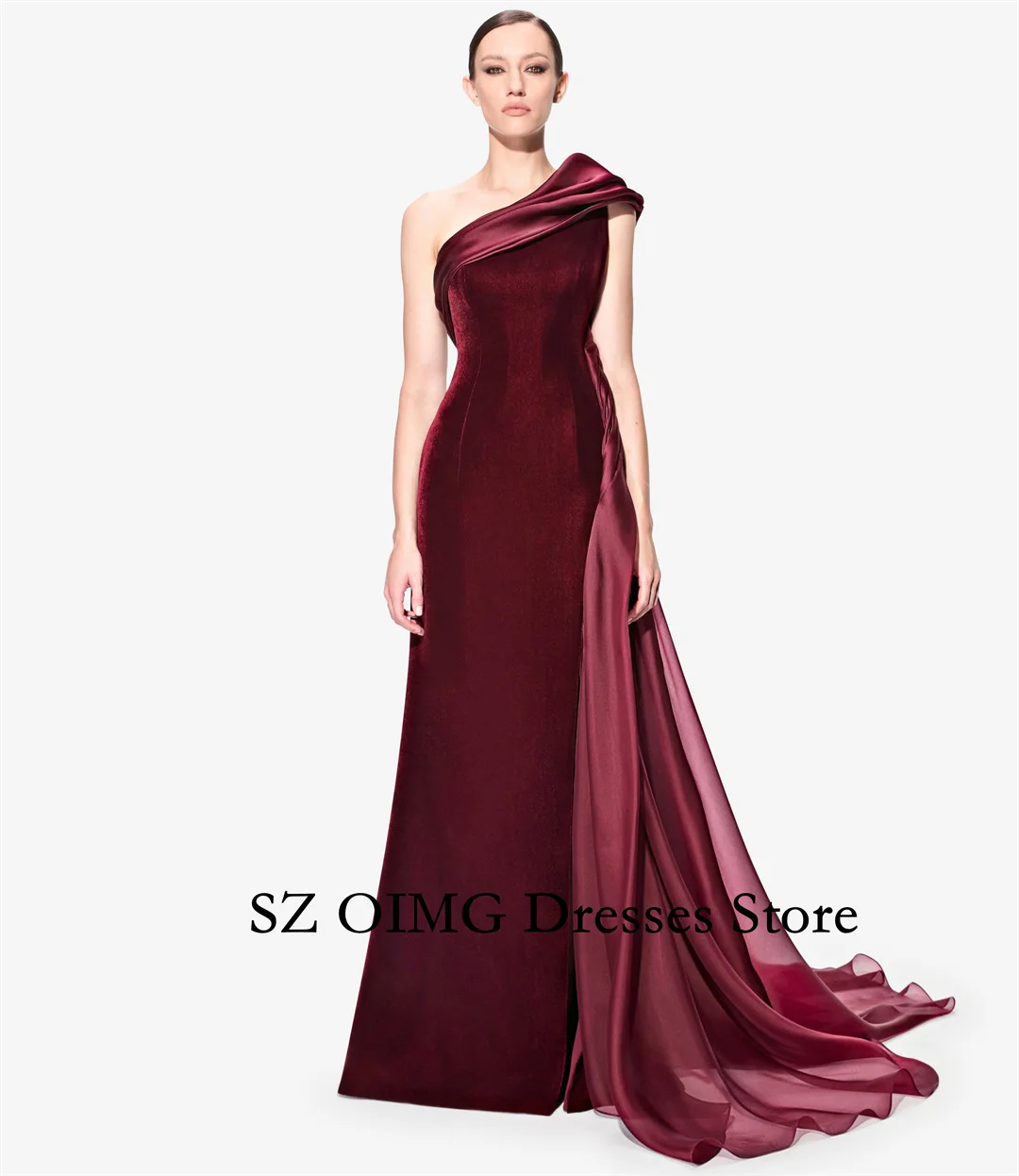 Colavis 2024 New Women\'s Maxi One-Shoulder Velvet Mermaid  Party Dress Burgundy Sleeveless  Prom Dress Gowns Customized