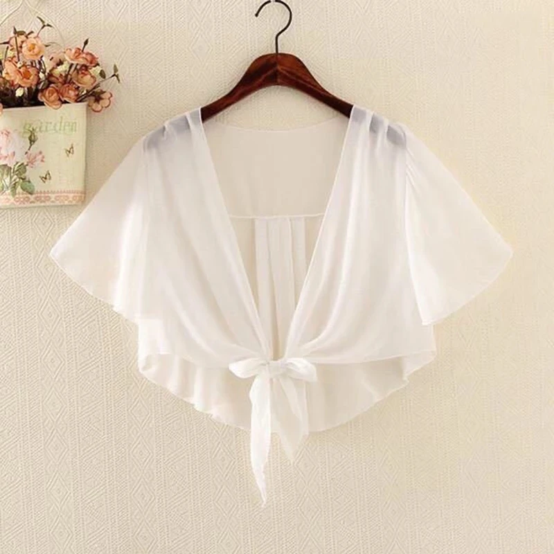 Korean Short Chiffon Bow Sunscreen Shawl Women\'s Summer Thin Transparent Blouse Shoulders Fake Collar Cape Knotted Scarf T95