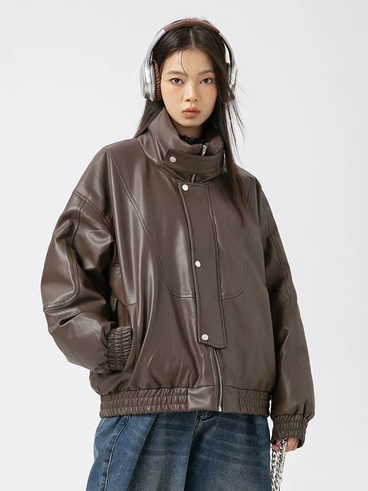 

Ретро-куртка из искусственной кожи с пуховым наполнителем (90% пуха), белая, свободного кроя, с воротником-стойкой, для мужчин и женщин, теплая верхняя одежда