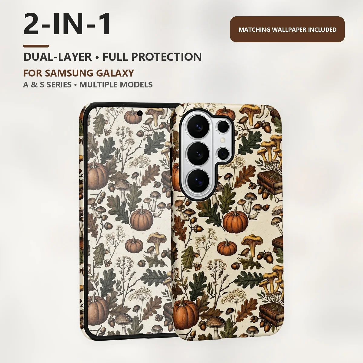 Autumn Mushroom Pumpkin Pattern 2-in-1 Dual-Layer Phone Case for Samsung Galaxy S26 S25 S24 Plus Ultra FE S20 FE A56 A17 A16 A15