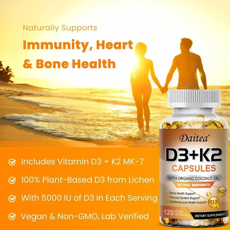 Vitamin K2 (MK7) with D3-5000 IU Supplement-120 Capsules, Immune Support Health, Bone Health, Cardiovascular Health Support