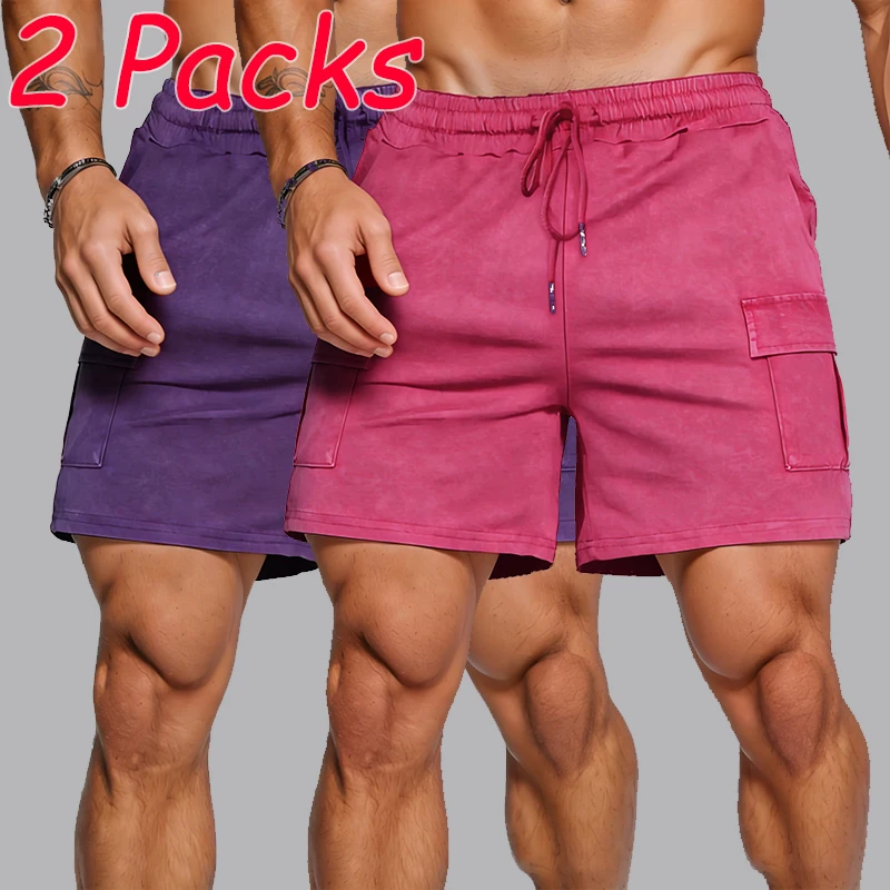 

Man 2Packs Vintage Washed Shorts Suits Pocket Cotton Comfy Short Pants Casual Street Sportpants Sport Loose Swimming Trunks