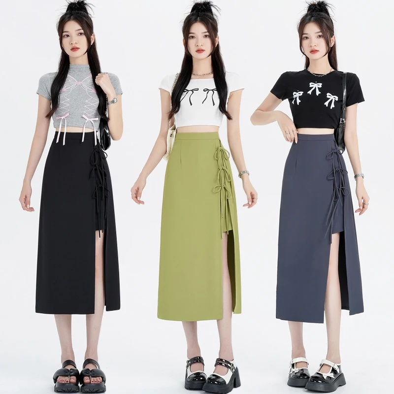 Skirts Women Bandage Design Chic Summer Dating Tender Mid-calf Pure with Lining Ins Minimalist Basic All-match Leisure Side-slit