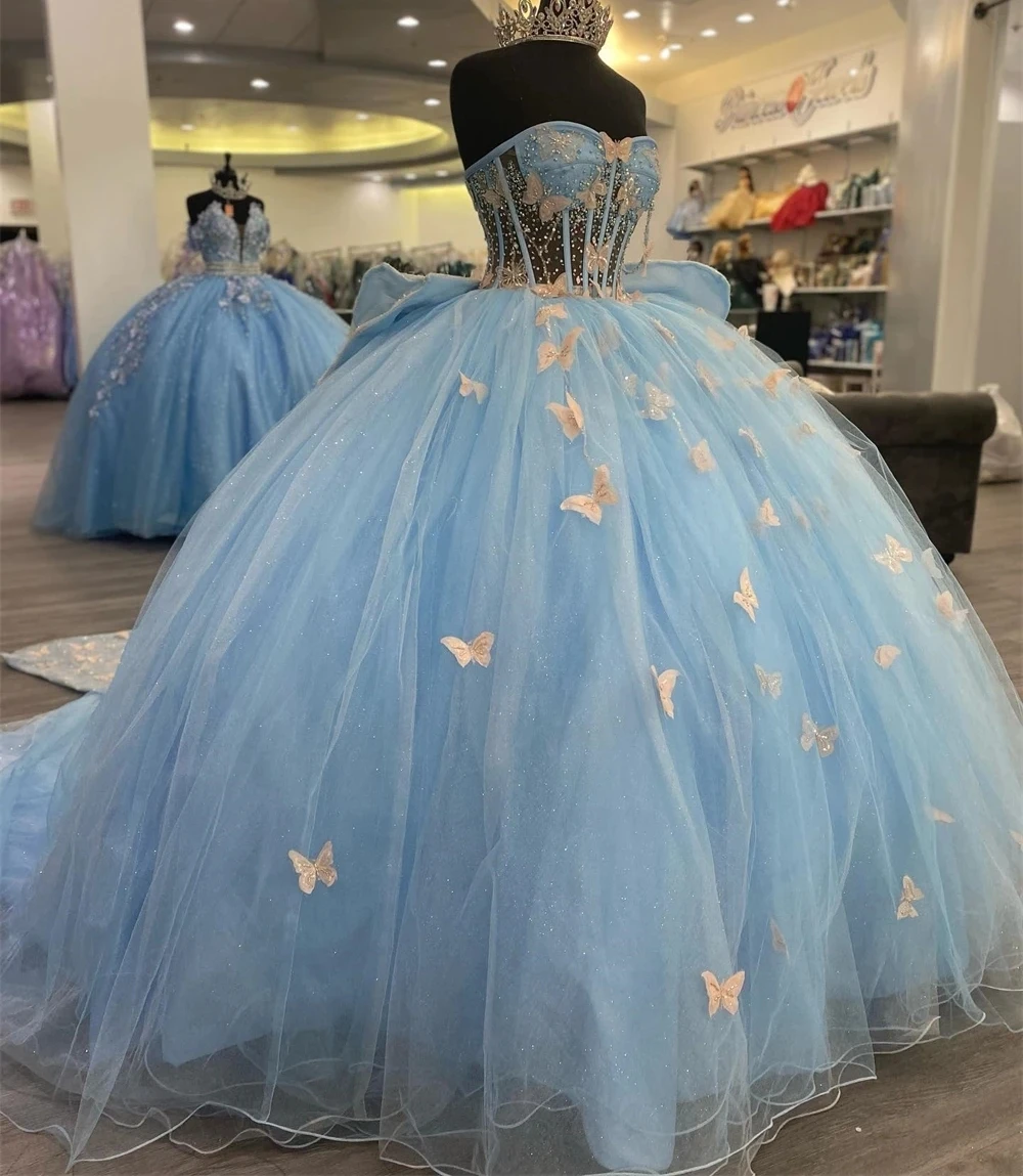 Vestidos de Quinceañera de Charro azul cielo, vestido de baile, escote Corazón, tul, mariposas, dulce mexicano, 16 vestidos, 15 años