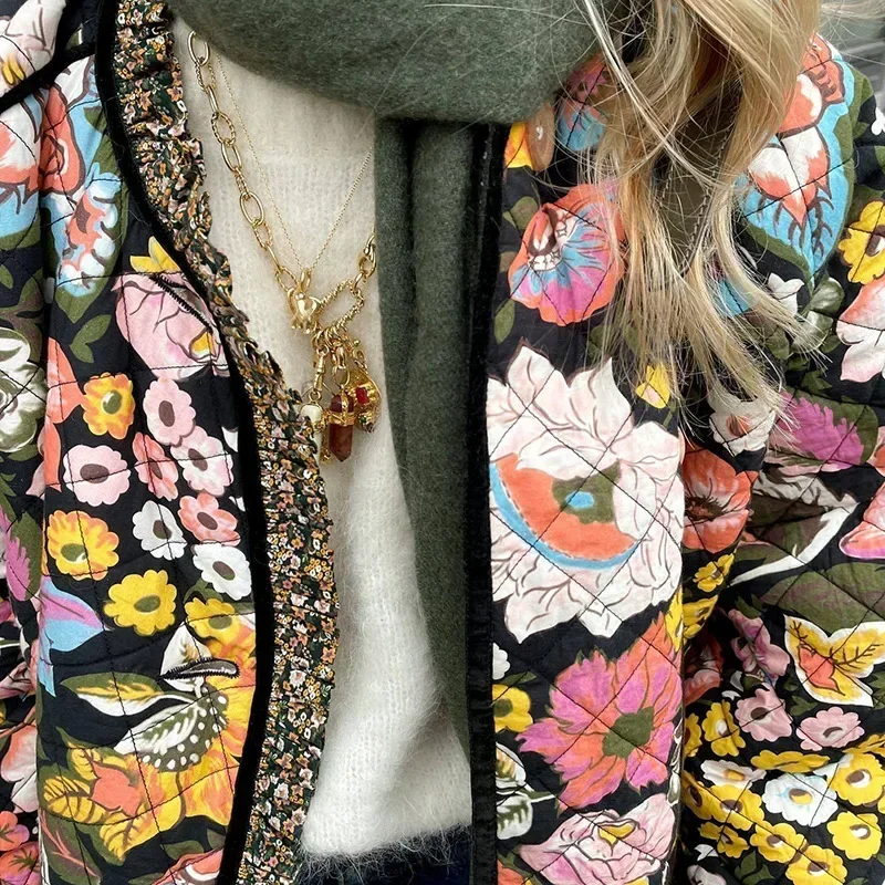 Abrigo de algodón con estampado Floral para mujer, chaqueta acolchada de manga larga, gruesa y cálida, ropa de otoño e invierno