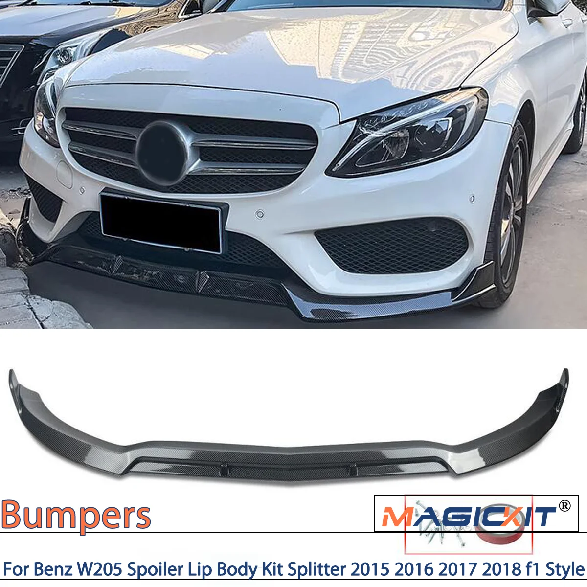 

Magickit Carbon look Front Bumper Lip Lower Splitter Cover Trim for Benz W205 Spoiler Lip Body Kit Splitter 2015-2018 f1 Style