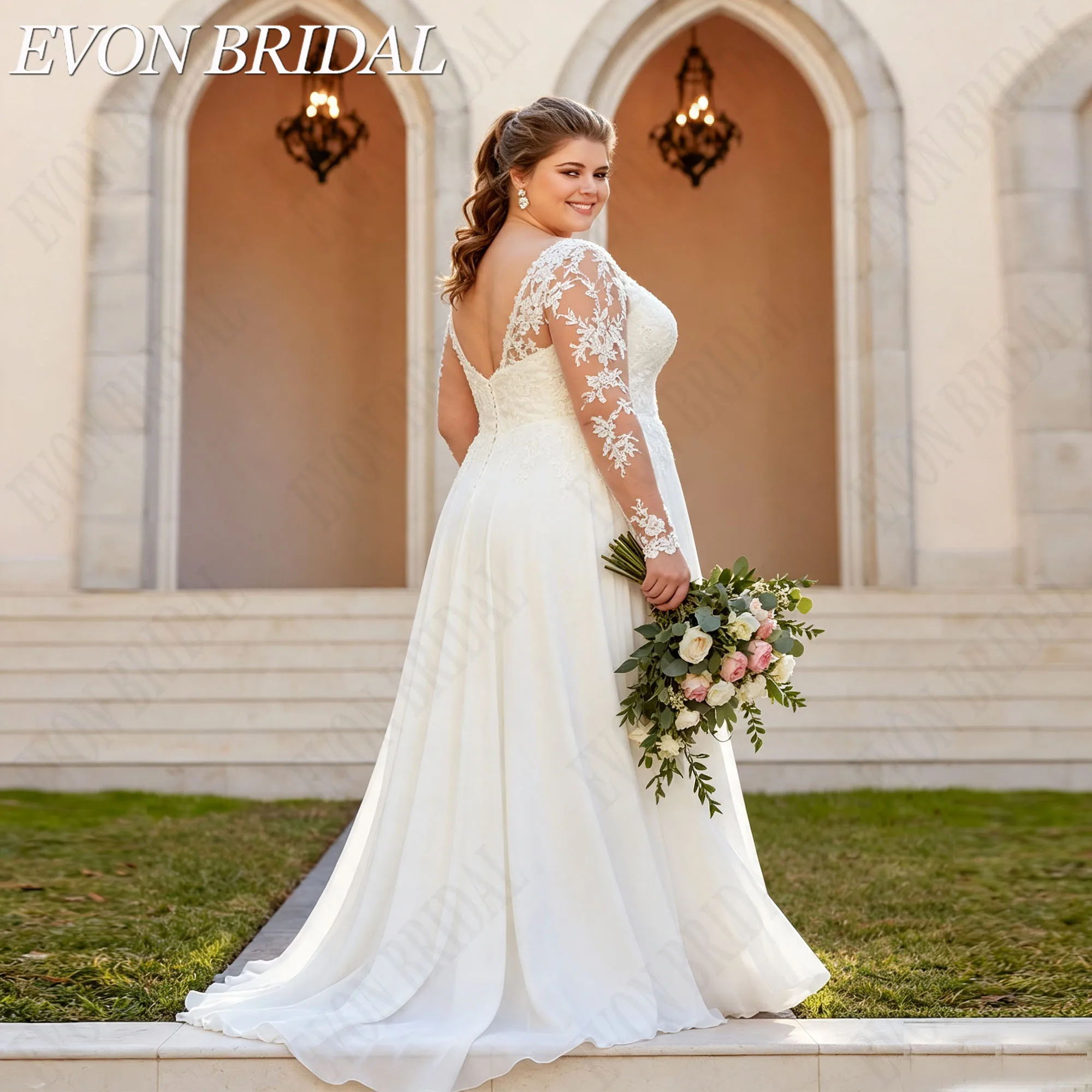 EVON BRIDAL Lace Train Long Sleeve Wedding Dress V-Neck Sequined Wedding Gown A-LINE Backless Bride Dress Custom Made Plus Size