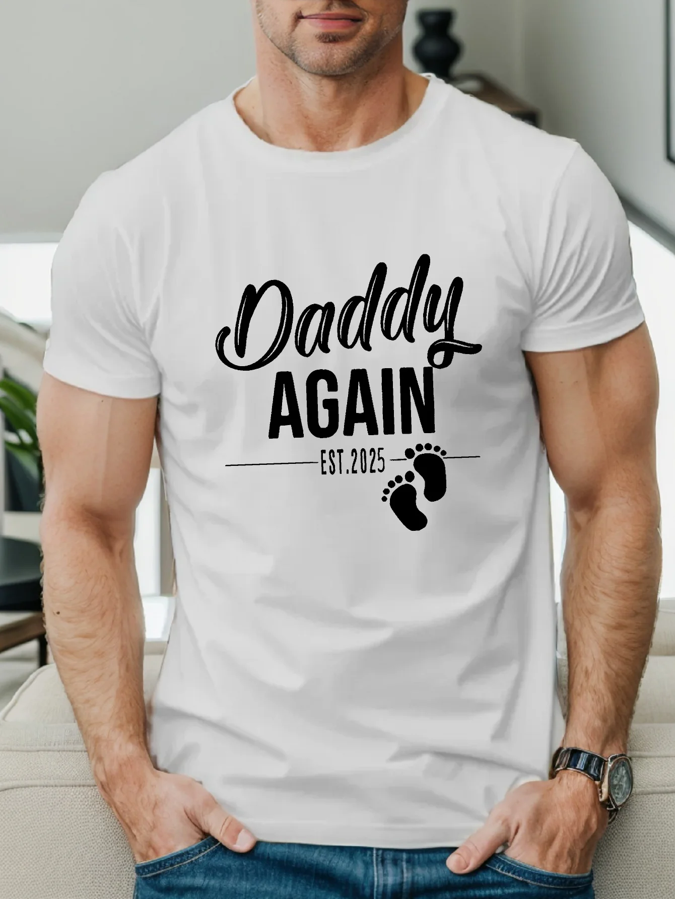 تي شيرت صيفي للرجال 2025 "Dad Again" - كم قصير، رقبة دائرية، نمط هندسي، قابل للغسل في الغسالة