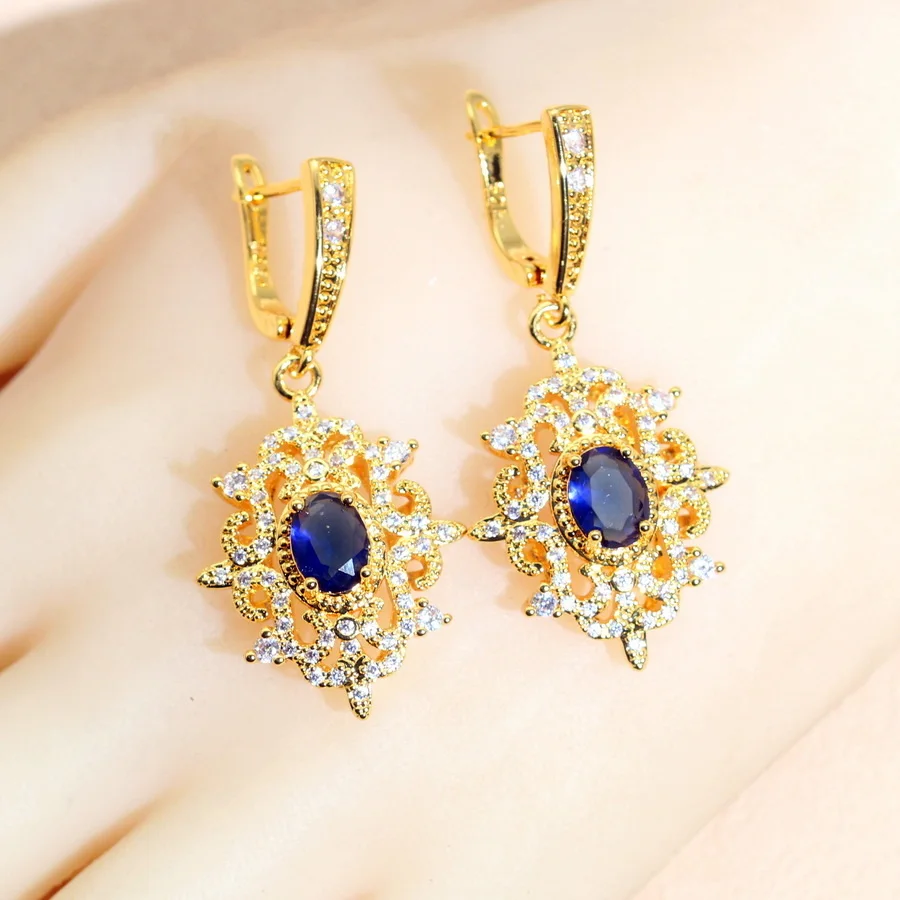 Fashion Blue Zirconia Wedding Jewelry Sets For Women Gold Plated Necklace Pendant Earrings Ring Bracelet Party Gift