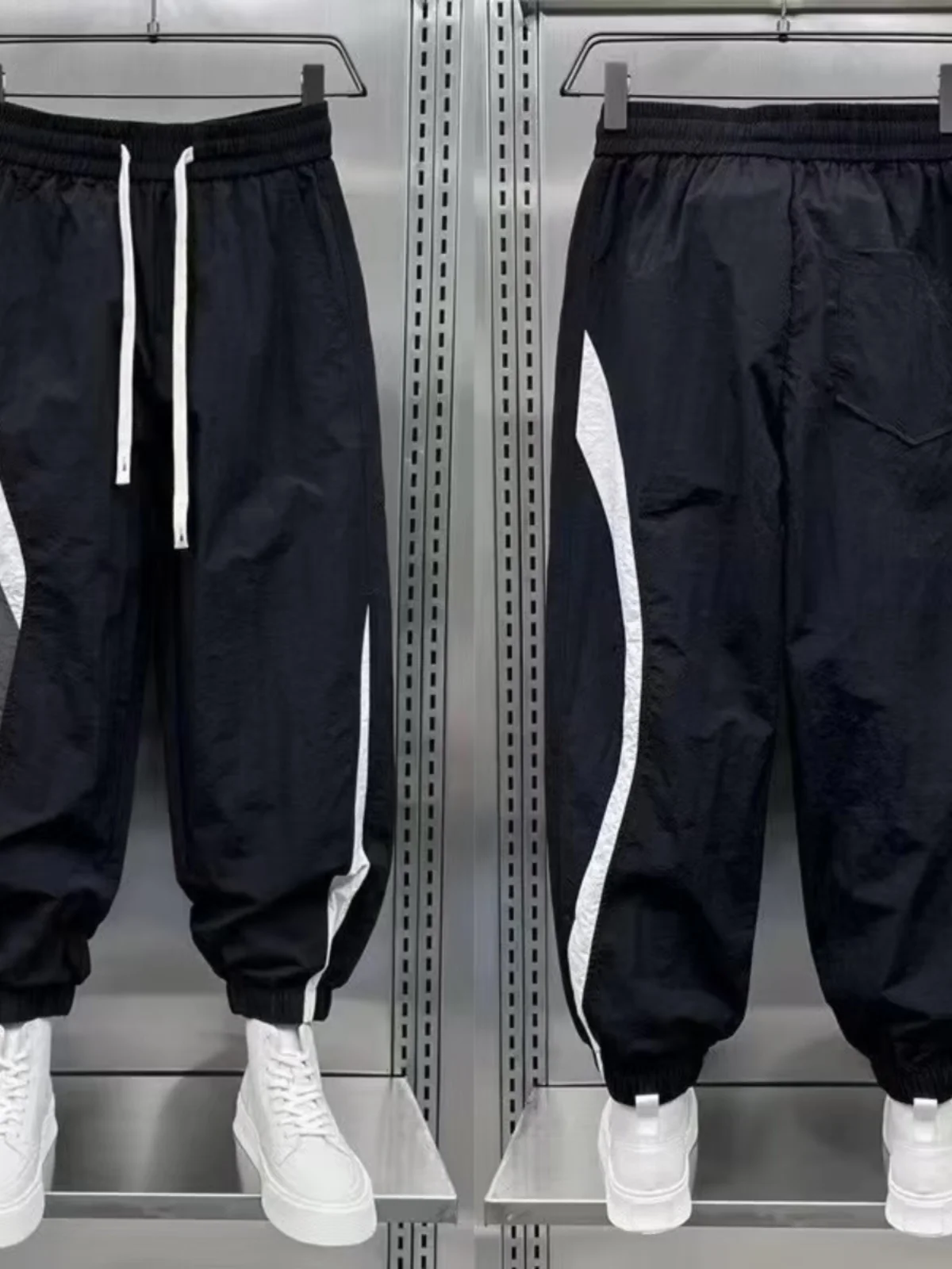 

Летние быстросохнущие спортивные брюки с полосками для мужчин, свободные широкие брюки-шаровары, повседневные, длиной до щиколотки, модный бренд