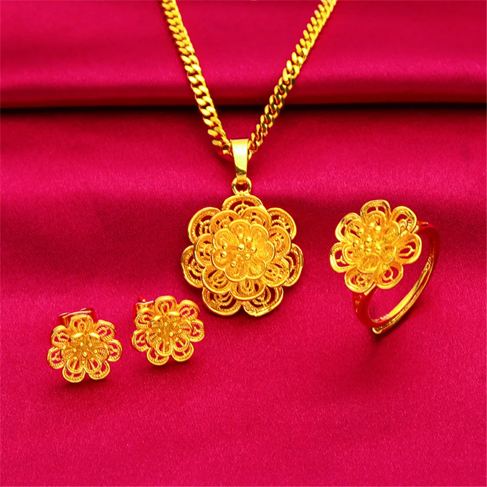 Yellow Gold Color Jewelry Sets For Women Flower Pendant Necklace Ring Earrings 3pcs Set Wedding Jewellery Accessories Bijoux