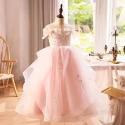 Jill Wish Luxury White Girl Dress Beaded Sequined Dubai Kids Princess Pink Birthday Wedding Party First Communion Gown 2024 J214