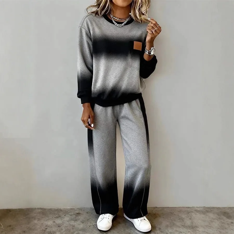 

2026 Women's New Fashion High Quality Casual Comfortable Long Sleeve Round Neck Casual Contrast Color Two-piece Set for Women