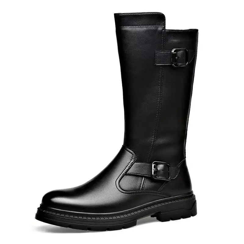 Fashion Genuine Leather Motorcycle Round Toe Riding Equestrian Boots Mid-calf Retro Men Botas Casual Western Cowboy Boots Black