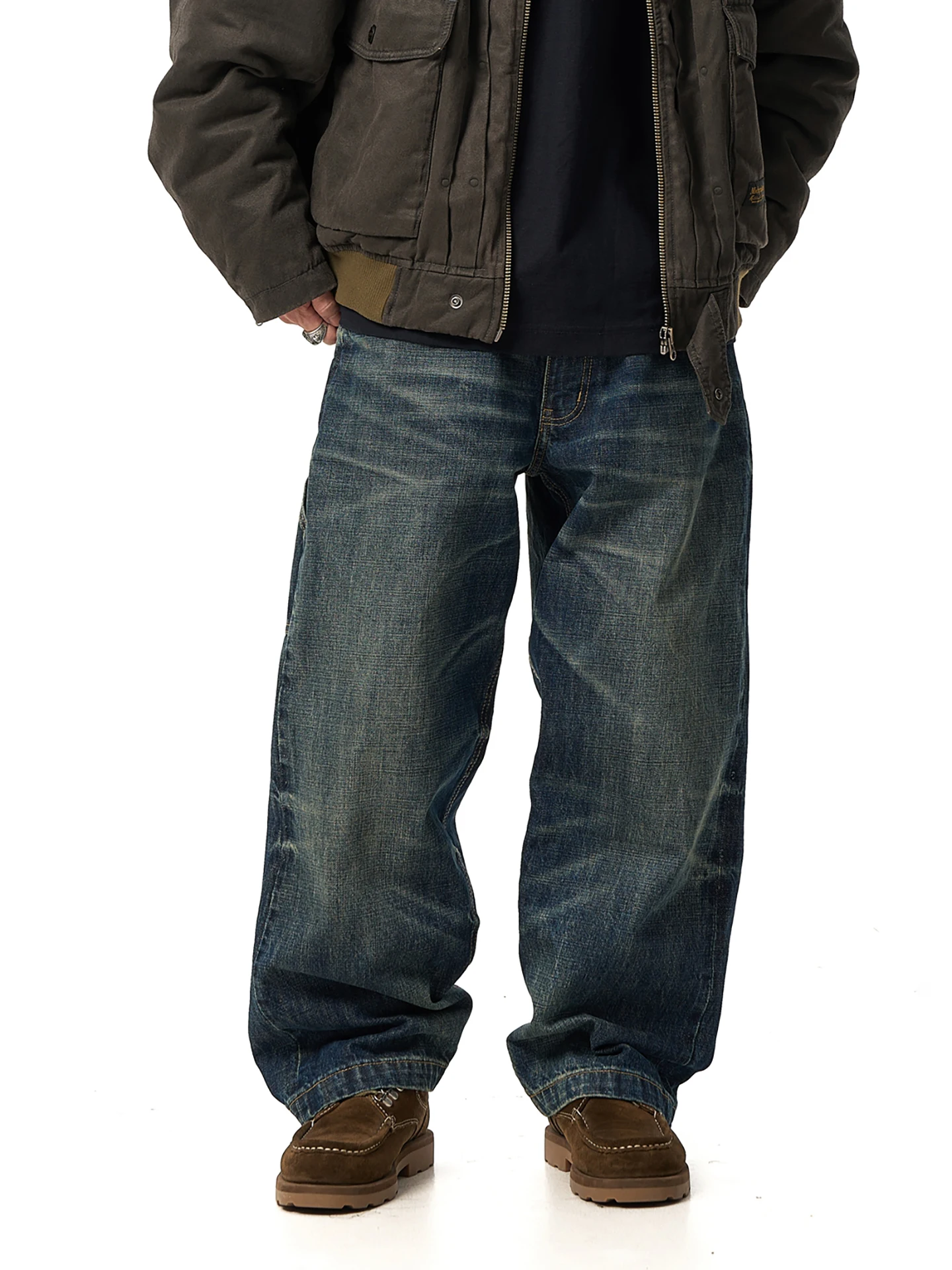 

MIDUPDATE 2025 Autumn Winter Heavyweight Washed Vintage Paris Buckle Workwear Jeans Men's mid Waist Cotton Loose Fit Jeans
