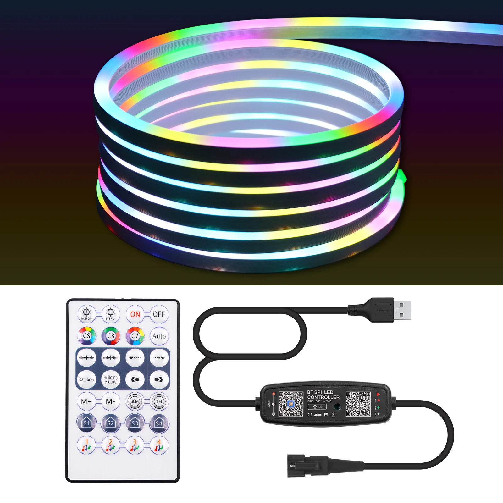 USB WS2812B Flexible LED Neon Light Strips 7X13MM RGB DIY Pixel Addressable Diode Tape Lamp Works with Bluetooth Music Sync IP67