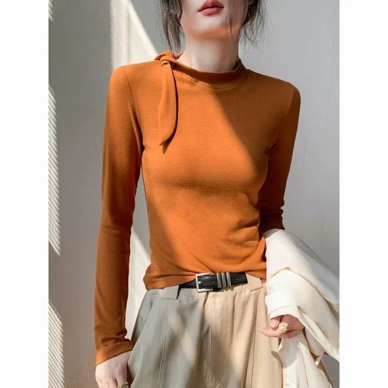 

Женский пуловер с воротником-стойкой, футболка с длинными рукавами, женская корейская оранжевая тонкая рубашка с тыквой, топ