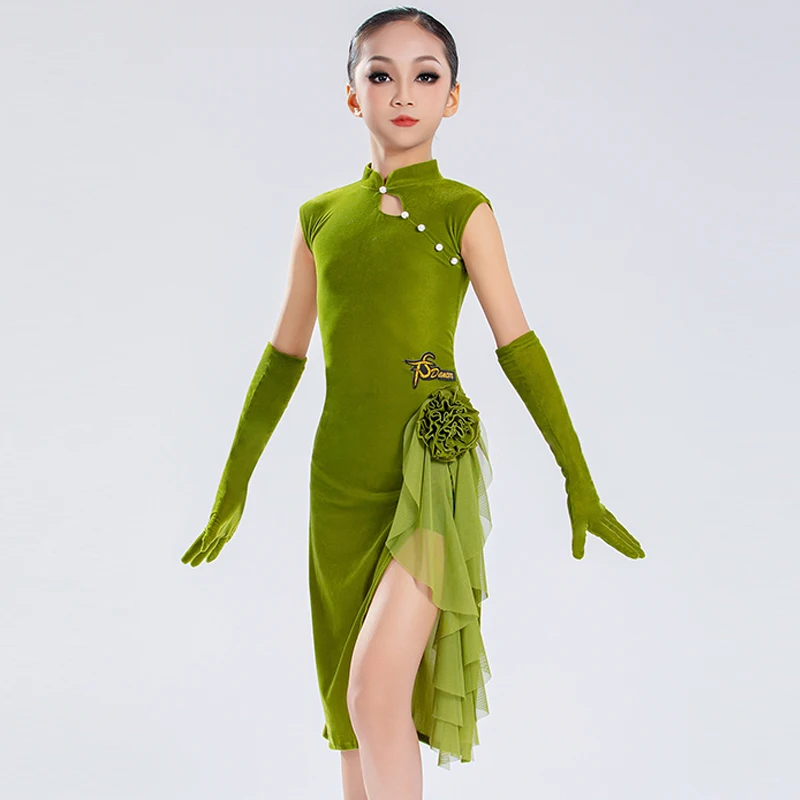 Kids Performance Dancing Dress Green Ballroom Dance Competition Clothes For Girls Latin Dance Party Dresses Dancewear SL12869