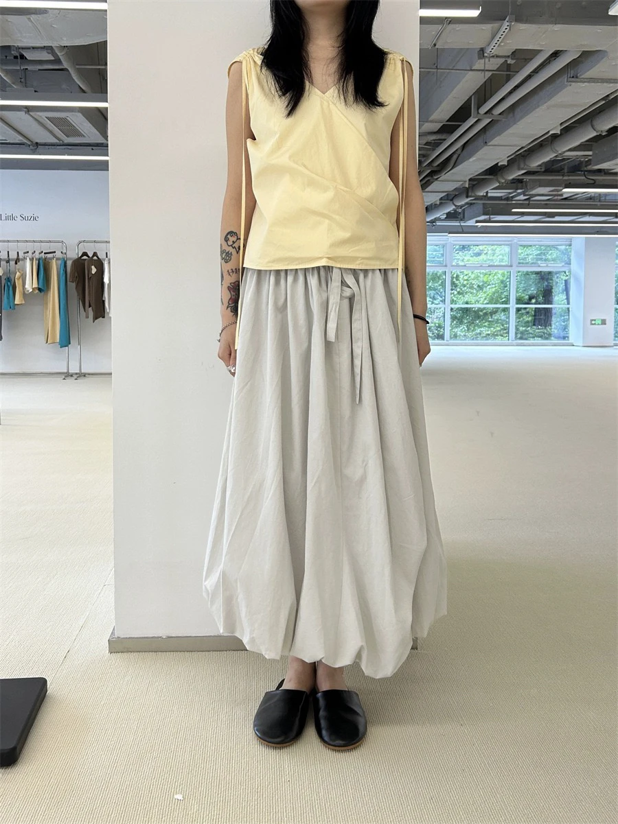 

Spring Summer New Design Puffy Flower Bud ape Dstring f Skirt Women's Commute Pure Color High Waist A-Line Skirt