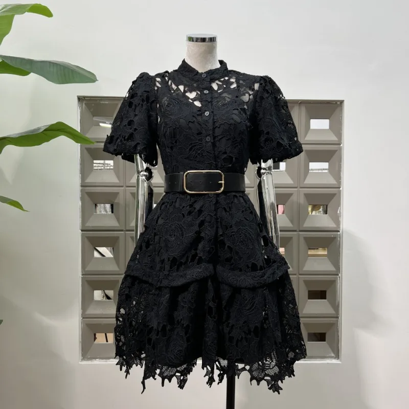 

Light mature temperament cold style single breasted water-soluble lace bubble short sleeved hollow waist dress with belt