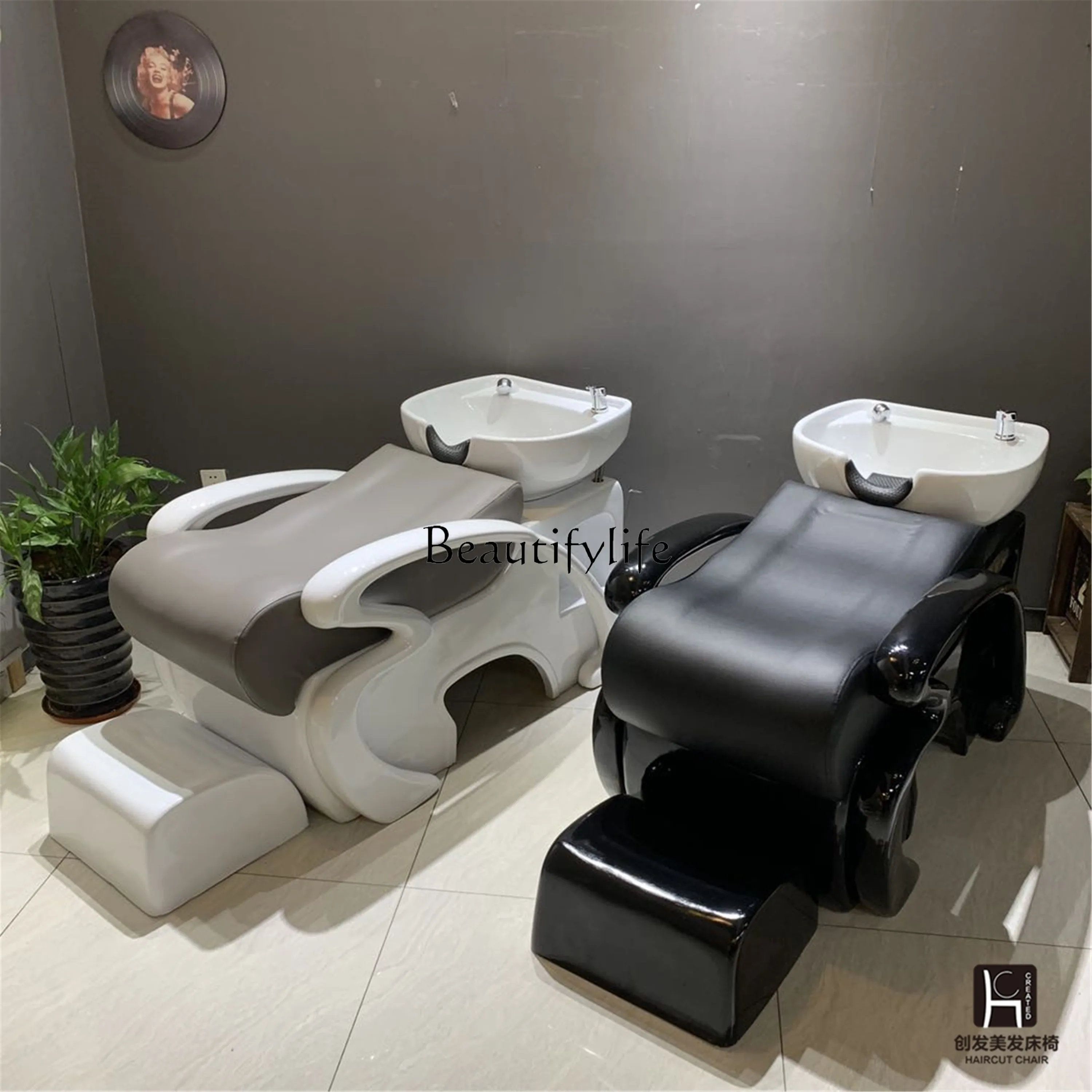 Customized Barber Shop Shampoo Half Lying Flushing Bed Hairdressing Shampoo Ceramic Basin Simple and Light Luxury Style