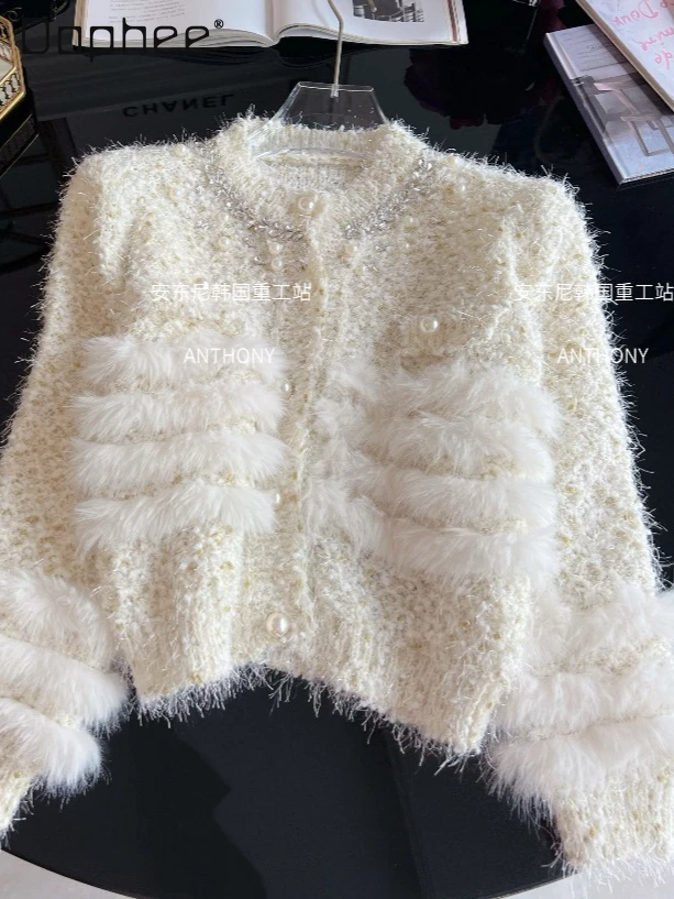 

Autumn Winter Heavy Beaded Rhinestone Plush Patchwork Knitted Cardigan Women Fashionable Elegant Sweet Loose Slim Sweater Top