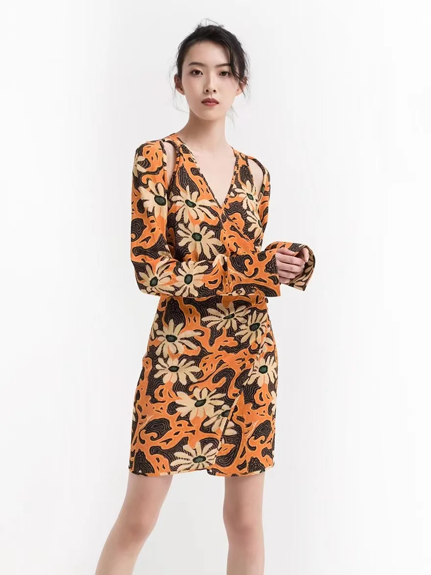 

Na*mushka Women Dress Viscose Orange Sun Flower Full Sleeve V-neck Sexy Vintage High Waist Pencil Mini Dress