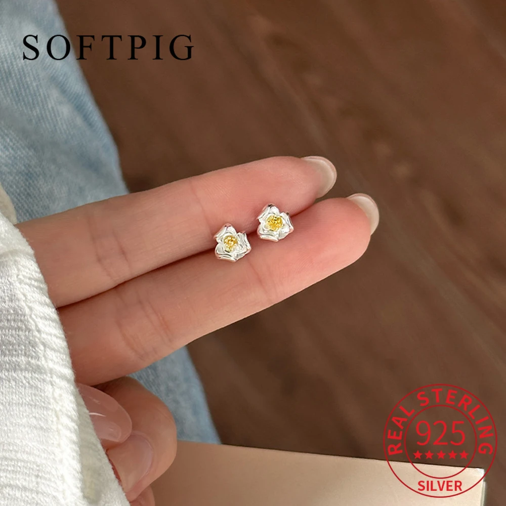 

SOFTPIG настоящее серебро 925 пробы, мини-серьги-гвоздики с цветочным растением для женщин, вечерние милые изящные ювелирные изделия, легкие роскошные аксессуары